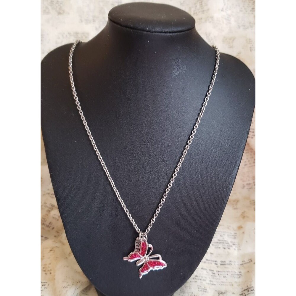 Pink Detailed Butterfly & BFF tag on Silver Tone Necklace Whimsy, Boho, Colorful